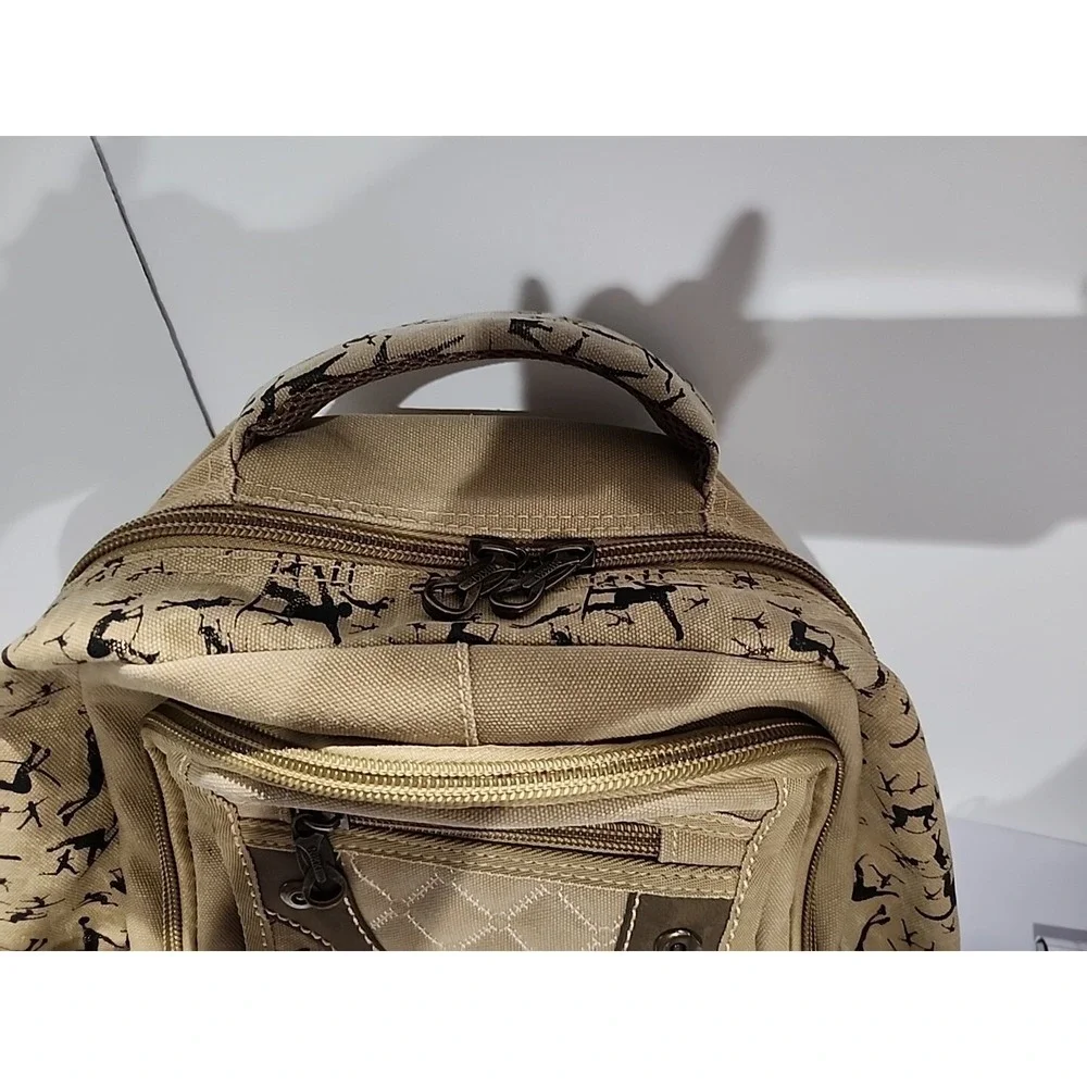 Tan Khaki Canvas Backpack Silhouette Print Multi Pocket Travel Bag